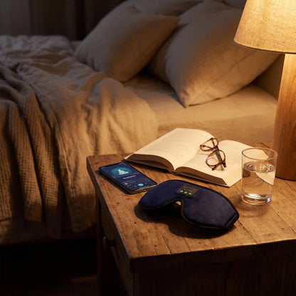 Hushova navy sleep mask on a nightstand at night