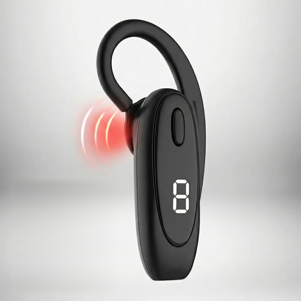 RingEase Air red-light ear device in black, the eight-minute timer showing on its display